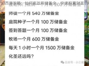 梦幻西游攻略：如何高效刷储备金，快速积累财富的秘诀