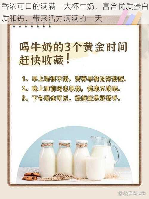 香浓可口的满满一大杯牛奶，富含优质蛋白质和钙，带来活力满满的一天