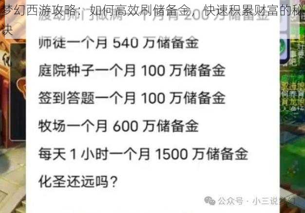 梦幻西游攻略：如何高效刷储备金，快速积累财富的秘诀