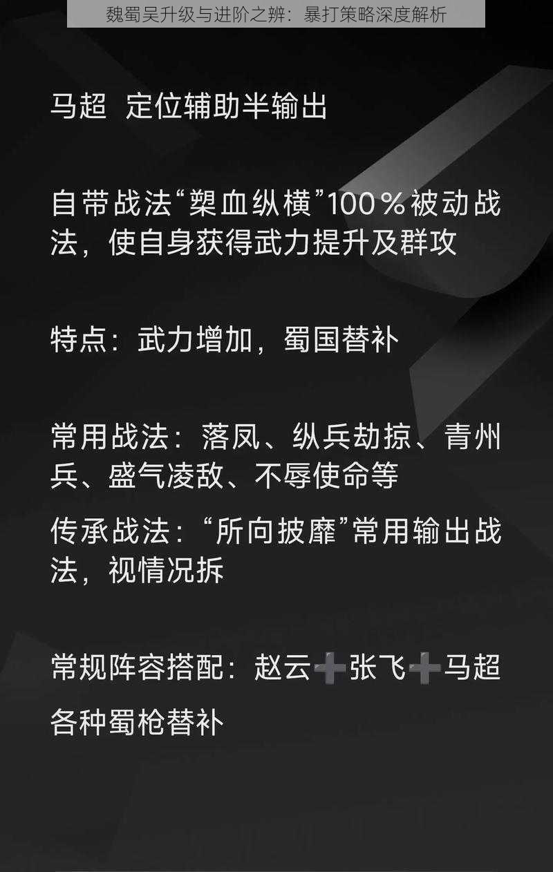 魏蜀吴升级与进阶之辨：暴打策略深度解析