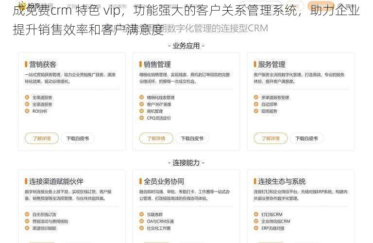 成免费crm 特色 vip，功能强大的客户关系管理系统，助力企业提升销售效率和客户满意度