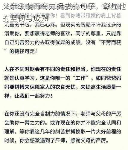 父亲缓慢而有力挺拔的句子，彰显他的坚韧与成熟