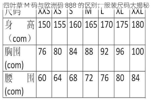 四叶草 M 码与欧洲码 888 的区别：服装尺码大揭秘